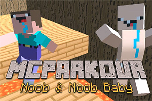 Blok yapılar üzerinde yürüyen iki piksel karakter ve MCPARKOUR Noob & Noob Baby yazısı