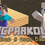 Blok yapılar üzerinde yürüyen iki piksel karakter ve MCPARKOUR Noob & Noob Baby yazısı