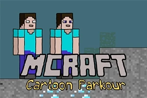 İki blok görünümlü karakter ve MCRAFT Cartoon Parkour yazısı