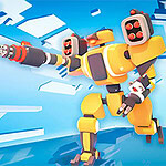 Gökyüzünde süzülen, sarı renkli, futuristik ve silahlı bir robotun yanında uçan küçük bir drone tasvir edilmektedir