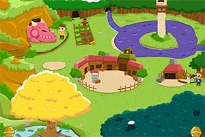 Renkli bir çizim olarak, gölet, sarı yapraklı bir ağaç, birkaç bina, pembe bir yaratık, bir nehir ve bir kule içeren pastoral bir köy manzarası
