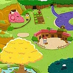 Renkli bir çizim olarak, gölet, sarı yapraklı bir ağaç, birkaç bina, pembe bir yaratık, bir nehir ve bir kule içeren pastoral bir köy manzarası