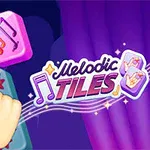 Mor bir arka plan üzerinde, müzik notalarının bulunduğu pembe karelere dokunan bir el ve yanında Melodic Tiles yazısı bulunuyor