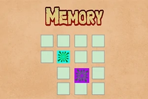 Açık renkli kareler düzeninde iki tanesi açık olan mor ve mavi desenli kareler ile Memory yazısı