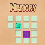 Açık renkli kareler düzeninde iki tanesi açık olan mor ve mavi desenli kareler ile Memory yazısı
