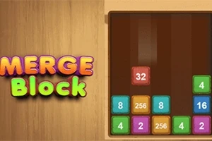 Renkli bloklardan oluşan ve üzerinde sayılar bulunan dikey bir oyun tahtası, yanında Merge Block yazısıyla