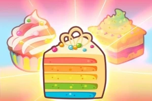 Renkli katmanlı bir pasta dilimi ve arka planda iki farklı cupcake bulunan çizim