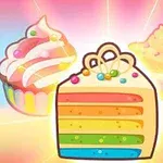Renkli katmanlı bir pasta dilimi ve arka planda iki farklı cupcake bulunan çizim