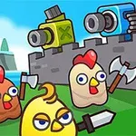 Çizgi film tarzında kılıç ve baltalarla silahlanmış üç tavuk, taş bir duvarın üzerinde iki topun olduğu arka planda açık hava manzarası