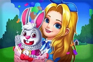 Genç bir kız, elinde pembe bir sepet içinde beyaz bir tavşanla, arka planda ağaçlar ve balonlarla dolu açık bir alan
