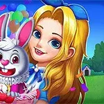Genç bir kız, elinde pembe bir sepet içinde beyaz bir tavşanla, arka planda ağaçlar ve balonlarla dolu açık bir alan