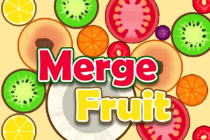 Dilimin üzerine dilimlenmiş meyveler arasında büyük kırmızı ve sarı yazılarla Merge Fruit yazısı bulunuyor