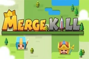 Renkli piksel karakterlerin ve ağaçlarla kaplı bir arazinin üzerinde Merge Kill yazısı