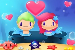 Deniz altında yeşil saçlı bir erkek ve pembe saçlı bir kızın üzerinde büyük bir kalp ve etraflarında baloncuklar, küçük deniz kabukları, deniz yıldızları ve bir yengeç bulunan sevimli bir çizim