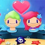 Deniz altında yeşil saçlı bir erkek ve pembe saçlı bir kızın üzerinde büyük bir kalp ve etraflarında baloncuklar, küçük deniz kabukları, deniz yıldızları ve bir yengeç bulunan sevimli bir çizim