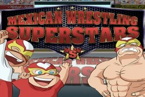 Kırmızı ve sarı maskeli güreşçilerin bulunduğu, Mexican Wrestling Superstars yazılı bir pankartın önündeki çizgi film karakterleri
