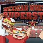 Kırmızı ve sarı maskeli güreşçilerin bulunduğu, Mexican Wrestling Superstars yazılı bir pankartın önündeki çizgi film karakterleri