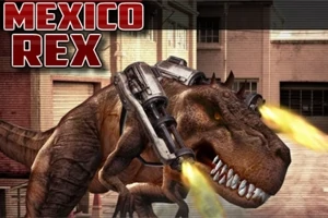Bir T-Rex, sırtında monte edilmiş makineli tüfekle ateş ederek şehir sokaklarında yürürken