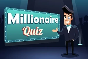 Mavi takım elbiseli ve papyonlu bir karikatür karakter, Millionaire Quiz yazılı bir tabelanın yanında duruyor