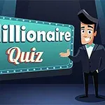 Mavi takım elbiseli ve papyonlu bir karikatür karakter, Millionaire Quiz yazılı bir tabelanın yanında duruyor
