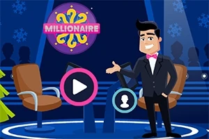 Koyu mavi arka planda kravatlı bir adam ve yan yana duran iki sandalye; üstte MILLIONAIRE yazılı yuvarlak bir logo