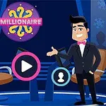 Koyu mavi arka planda kravatlı bir adam ve yan yana duran iki sandalye; üstte MILLIONAIRE yazılı yuvarlak bir logo