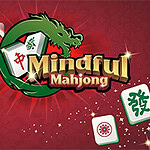 Kırmızı zemin üzerinde Mahjong taşları ve yeşil ejderha temalı Mindful Mahjong yazısı