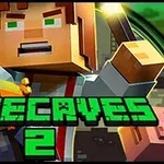 Kareli bir karakter, elinde meşale ve renkli bloklarla Minecaves 2 yazısı önünde duruyor