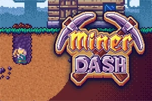 Piksel tarzı grafikleriyle toprak kazarken görülen madenci karakter ve Miner Dash yazısı