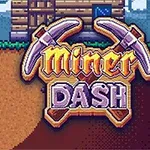 Piksel tarzı grafikleriyle toprak kazarken görülen madenci karakter ve Miner Dash yazısı