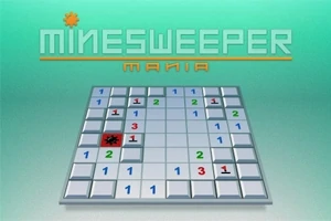 Yeşil bir arka plan üzerinde, üzerinde rakamlar ve bir mayının bulunduğu bir kareler ızgarası ile Minesweeper Mania yazısı