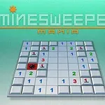 Yeşil bir arka plan üzerinde, üzerinde rakamlar ve bir mayının bulunduğu bir kareler ızgarası ile Minesweeper Mania yazısı