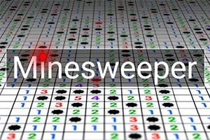 Üzerine Minesweeper yazılmış, sayılar ve kırmızı işaretli bir kare ile klasik bir mayın tarlası oyun tahtası
