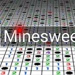 Üzerine Minesweeper yazılmış, sayılar ve kırmızı işaretli bir kare ile klasik bir mayın tarlası oyun tahtası