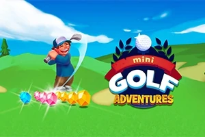Yeşil bir golf sahasında, bir golf sopası sallayan mutlu bir karakter ve parlak renkli mücevherler ile yanında Mini Golf Adventures yazılı bir logo
