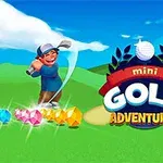 Yeşil bir golf sahasında, bir golf sopası sallayan mutlu bir karakter ve parlak renkli mücevherler ile yanında Mini Golf Adventures yazılı bir logo