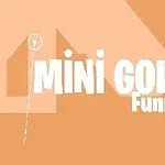 Bej arka plan üzerinde beyaz Mini Golf Funny yazısı ve bir golf topu çizimi