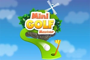 Yeşil bir golf sahası, golf topu ve bayrak ile arka planda mavi bir gökyüzü üzerinde Mini Golf Master yazısı