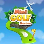Yeşil bir golf sahası, golf topu ve bayrak ile arka planda mavi bir gökyüzü üzerinde Mini Golf Master yazısı