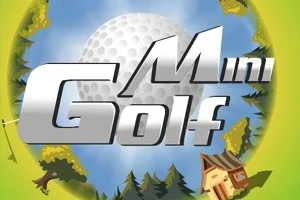 Gökyüzü ve bulutların önünde dev bir golf topu, etrafında orman ve küçük bir kulübe ile birlikte Mini Golf yazısı