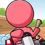 Pembe renkli bir karakter, küçük bir araçta yarış pistinde hızla ilerlerken görülüyor
