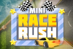 Mavi çerçeveli bir afiş üzerinde MINI RACE RUSH yazısı, yarış arabası ve damalı bayraklar