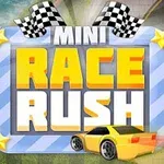 Mavi çerçeveli bir afiş üzerinde MINI RACE RUSH yazısı, yarış arabası ve damalı bayraklar