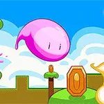 Pembe renkli, sevimli bir jelatin yaratık, yeşil çimen ve altın madeni paraların bulunduğu bulutlu ve renkli bir ortamda havada süzülüyor