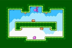 Yeşil çerçeveli platformda, mavi gökyüzü arka planında pembe bir karakter ve turuncu oklar