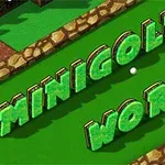 Yeşil zemin üzerinde taş kenarlarla çevrili MINIGOLF WORLD yazısı