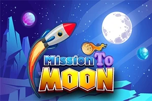 Uzay temalı, Ay ve gezegenlerle dolu bir arka planda, Mission To Moon yazısıyla birlikte görülen bir roket
