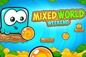 Renkli bir arka planda büyük gözlü mavi bir yaratık, etrafında turuncu toplar ve Mixed World Weekend yazısı bulunan bir sahne