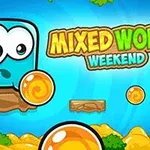 Renkli bir arka planda büyük gözlü mavi bir yaratık, etrafında turuncu toplar ve Mixed World Weekend yazısı bulunan bir sahne