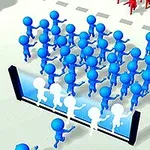 Mavi ve kırmızı figürler, ayırıcı bir bariyerin önünde kalabalık bir grup halinde dizilmiş